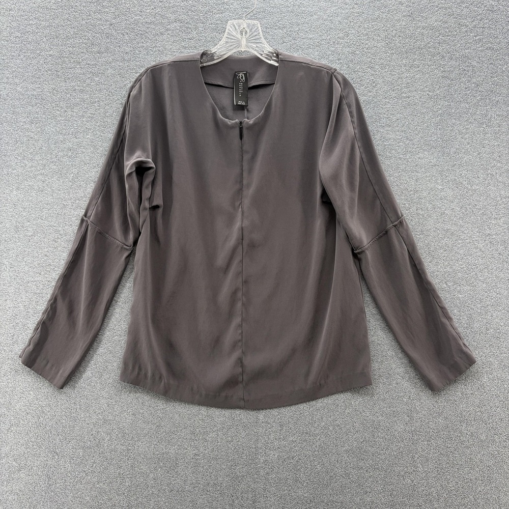 Zero Maria Cornejo Blouse Womens 4 Gray Silk Stretch Long Sleeve Zip Neck Career